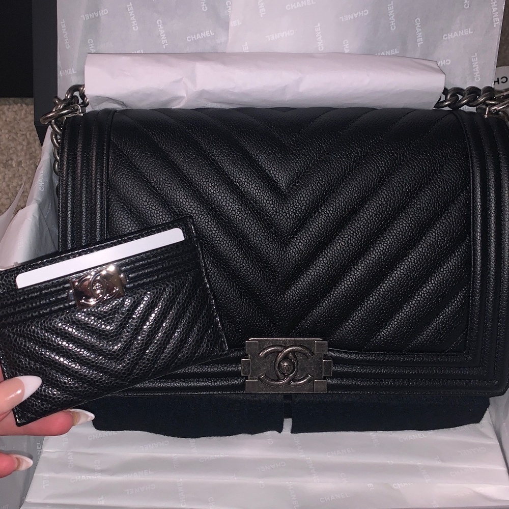 CHANEL Boy Bag Black Large Grained Chevron with Ruthenium Hardware